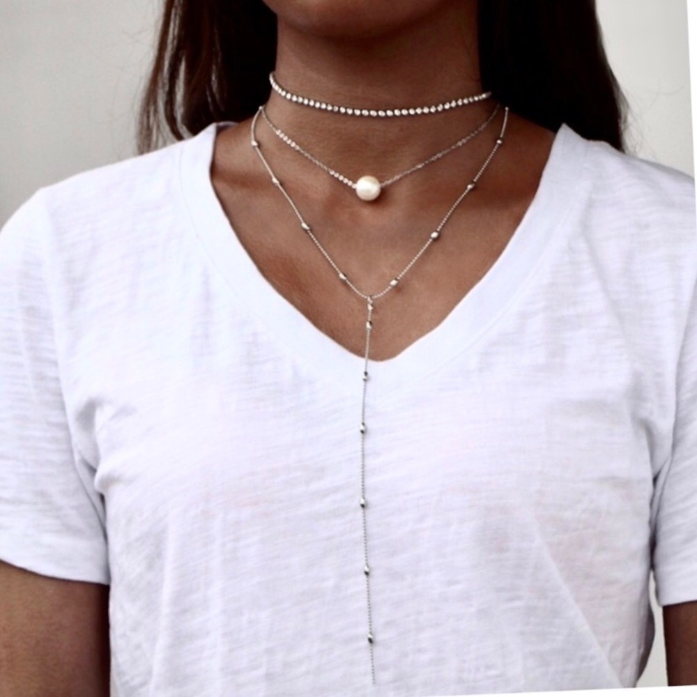 3 lather rhinestone pearl teardrop choker necklace